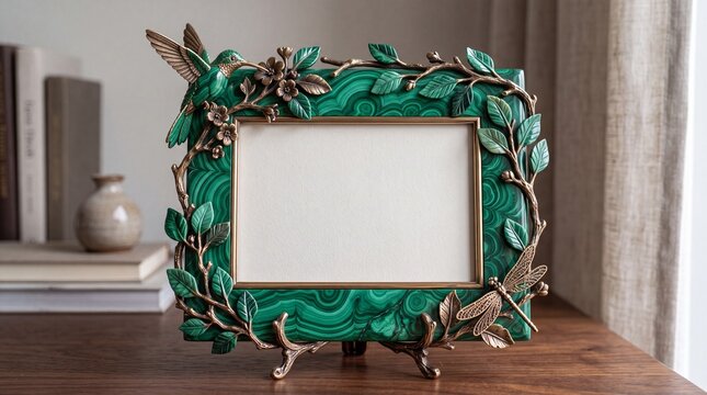 handmade photo frame made of natural malachite with emerald-green branches, a dragonfly, and a hummingbird