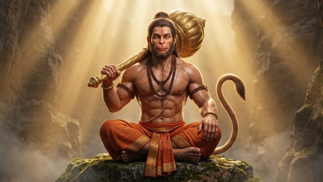 Lord Hanuman &ndash; Mighty Gada Warrior on Sacred Mountain | Bajrangbali Hindu God | 4K HD Devotional Wallpaper Background