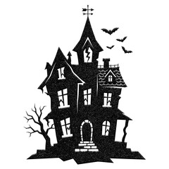 Spooky haunted house silhouette, gothic Halloween mansion with bats and bare tree, dark creepy castle graphic element on white background © riponhossain