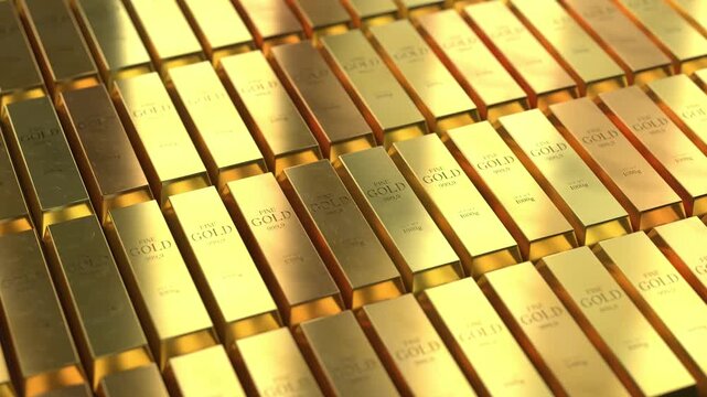 Gold ingots - camera flying around - 3d 4k animation (3840 x 2160px)