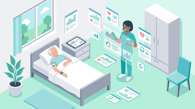 Isometric digital health monitoring with nurse checking elderly patient medical data on holographic interface in hospital room