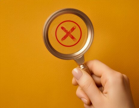 A hand holding a magnifying glass focusing on a red cross mark against a yellow background. Represents error detection, failure, rejection, inspection, and finding mistakes.
