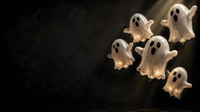 A group of cute glowing ghost decorations floating against a dark black background for a spooky halloween celebration