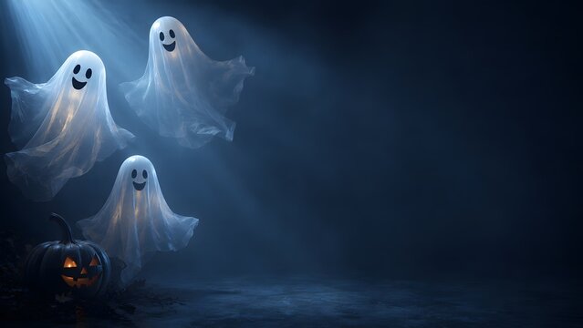 Three spooky ghosts floating in a dark misty atmosphere with a carved pumpkin lantern for halloween background