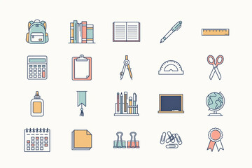 Fototapeta premium School and office supplies line icon set with color, education vector icons