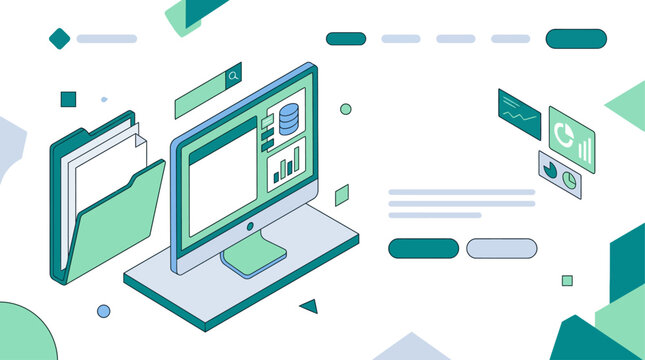 Isometric computer workstation with digital data folders and analytics dashboard for business software and cloud computing interface design