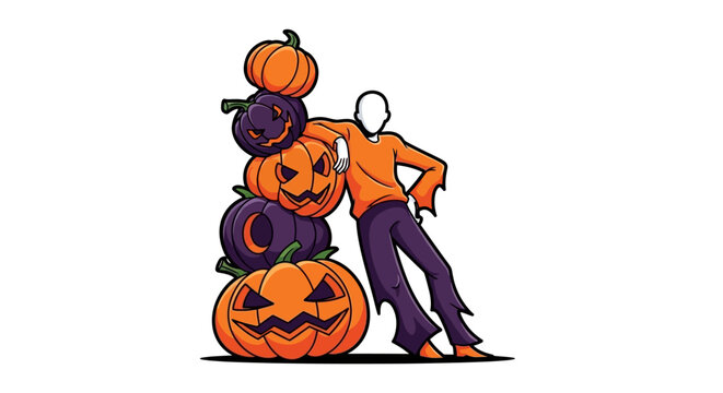 Person leaning on a stack of spooky carved pumpkins