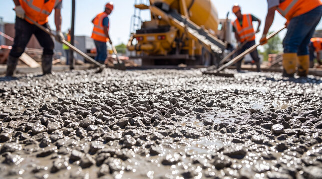 Construction workers in high visibility vests using tools to level wet asphalt on a road construction site with a heavy yellow cement mixer truck nearby