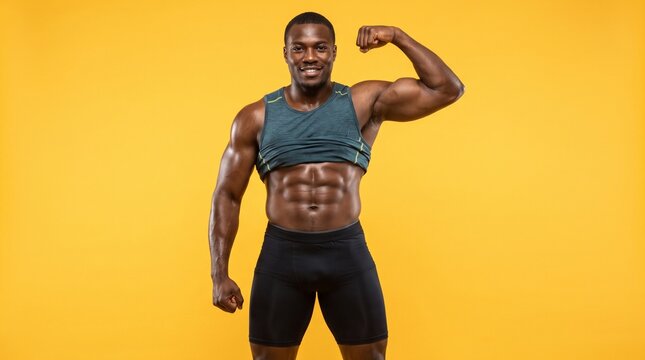 Athletic man flexing muscles in studio. Fitness model showcasing strength and confidence.