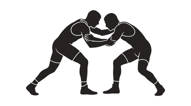 Minimalist black silhouette illustration of two wrestlers in a grappling stance. Flat vector design featuring athletic male figures in singlets isolated on a white background for sports.