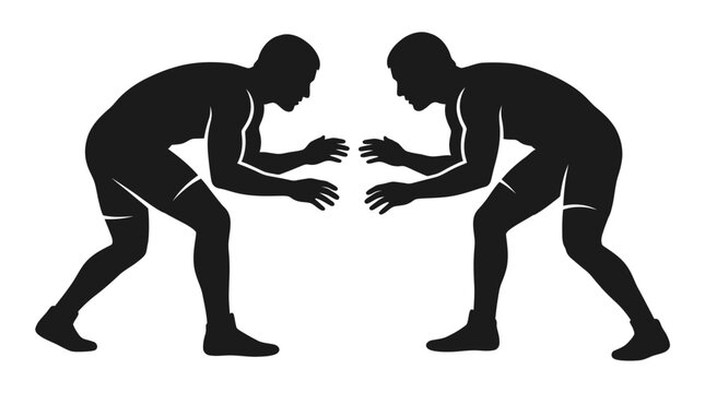 Black silhouette of two male wrestlers in a crouching neutral stance facing each other on a white background. Stylized flat vector design illustrating professional grappling or MMA combat preparation.