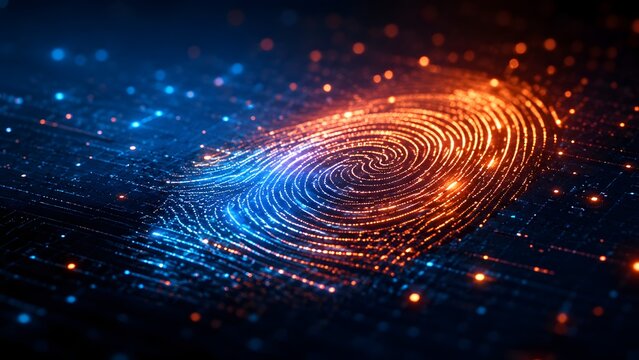 Digital fingerprint biometric authentication concept on glowing futuristic motherboard circuit representing cybersecurity and data privacy protection