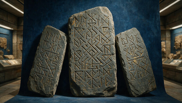 Ancient stone tablets with carved runic symbols. Museum display of grey runestones with gold inlay text against a blue background. Mythcore archaeological artifacts
