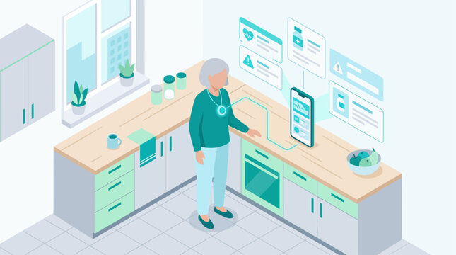 Isometric vector illustration of an elderly woman using smart health monitoring technology at home for remote patient care and medical tracking