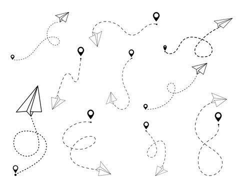 Paper Airplane Flight Paths Set with Dotted Lines and Location Pins Isolated on White