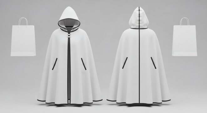 Discover the refined silhouette of a hooded cape crafted from premium fabric showcasing intricate stitching and a practical zipper closure offering versatile styling options suitable for