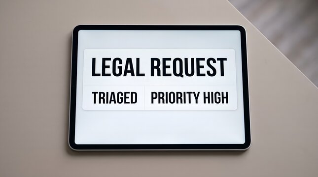 Tablet displaying high priority legal request notice for corporate business legal compliance and management