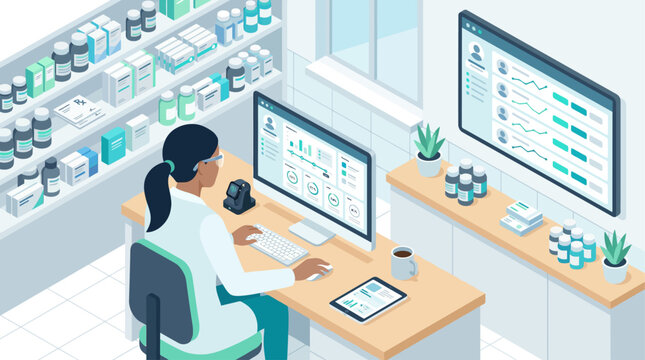 Isometric pharmacy interior with pharmacist working on computer for digital health records and medication management in medical clinic