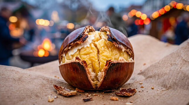 Macro roasted chestnut christmas market
