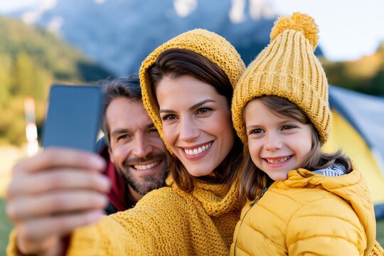 Family enjoying a fun moment by the campsite in warm winter clothing