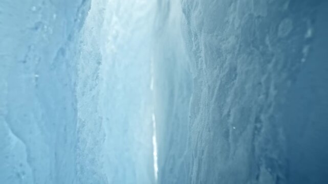 Camera Passing Through Glacier Ice Crack.