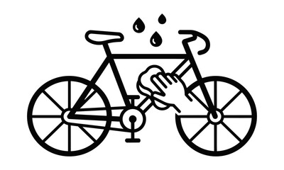 Fototapeta premium Minimalist black and white icon of a bicycle being washed with water droplets. Bicycle maintenance and cleaning concept