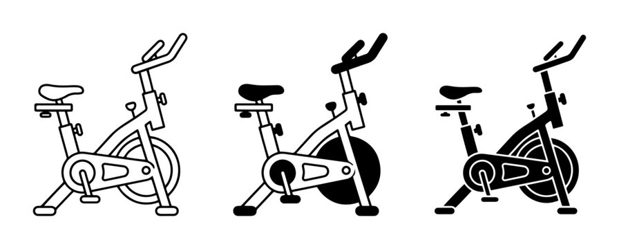 Spin Bike Icons, Stationary Exercise Bicycle Vector Set, Indoor Cycling Machine Graphics