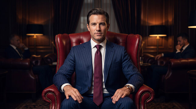Confident businessman in a blue pinstripe suit and burgundy tie sitting on a red leather wingback chair in a luxury office setting