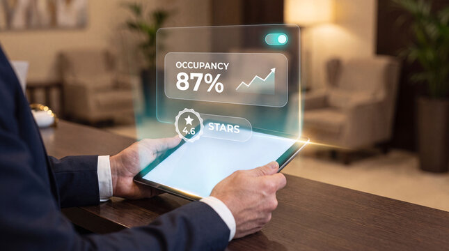man uses tablet with glowing hotel occupancy interface to track room booking percentage, visualize seasonal demand chart, monitor guest satisfaction score, and manage hospitality revenue plan