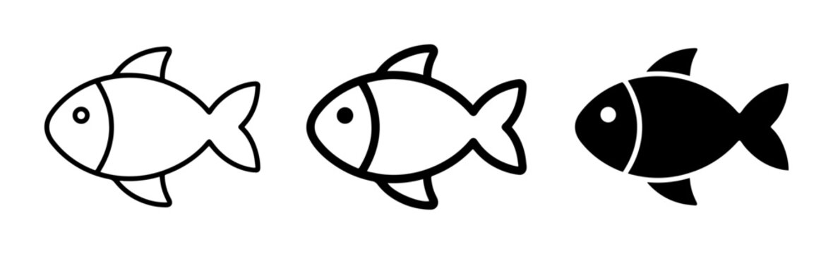 Simple Fish Icons, Outline and Silhouette Vector Graphics, Aquatic Life Symbols