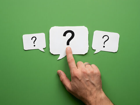 Hand Pointing at Question Mark Thought Bubble | Decision Making and Choice Concept | FAQ and Help Support Background | Finding Solution and Answers