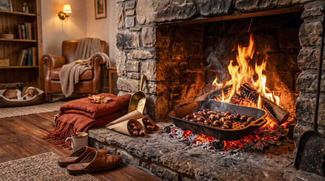 Roasting fresh chestnuts in fireplace