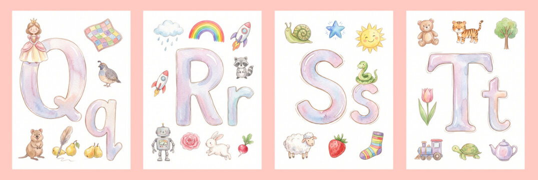 Watercolor Alphabet Letters Q R S T Poster Set with Cute Animals and Objects for Nursery Decor
