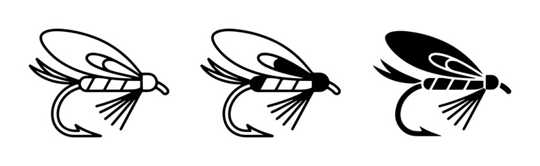 Obraz premium Fly Fishing Lures, Insect Baits, Vector Icons Set, Fishing Tackle Graphics
