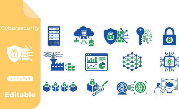 Cybersecurity and data protection icons set with firewall, encryption key, secure server, blockchain, network security, and digital safety elements in blue and green colors.