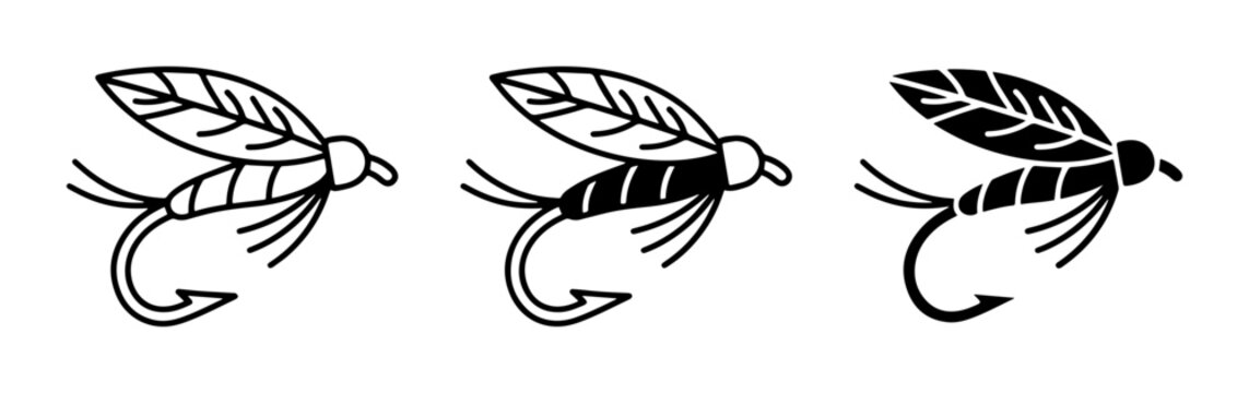 Fly Fishing Lures, Insect Baits, Trout Flies, Vector Icons, Fishing Tackle Set