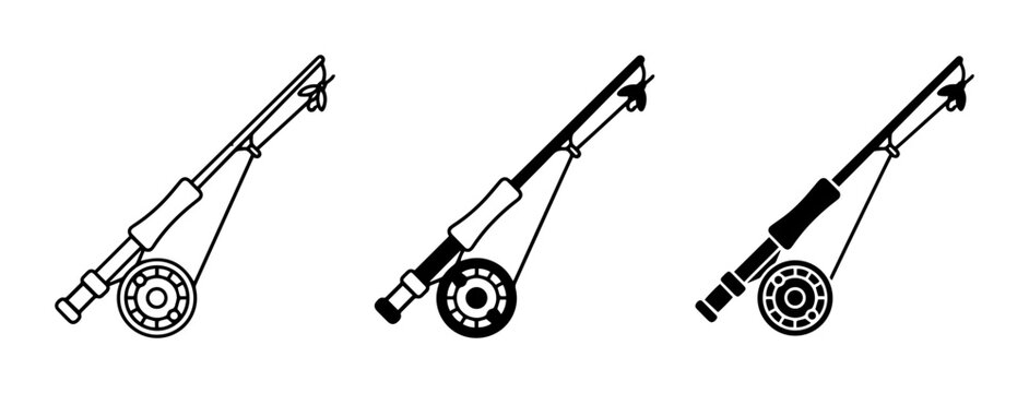 Fishing Rod and Reel Icons, Fly Fishing Gear Set, Outdoor Sport Equipment Vector Graphics
