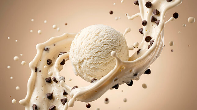 Appetizing scoop of ice cream with chocolate crumbs floating center frame, surrounded by dynamic flow of thick caramel glaze splashing on warm pastel background.