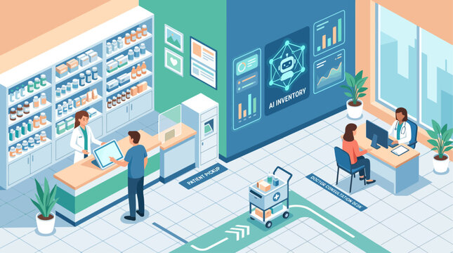 Isometric pharmacy interior with pharmacist and doctor using AI inventory management and digital health technology for patient care and medical consultation