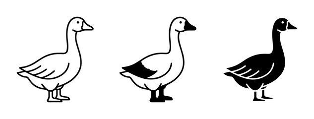 Obraz premium Goose Icons Set, Vector Illustrations of Birds in Outline, Silhouette, and Filled Styles