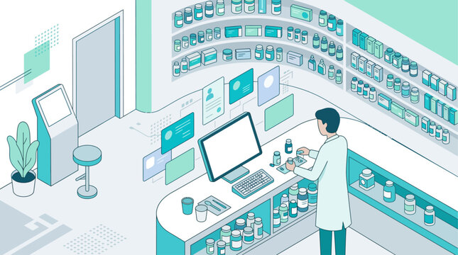 Isometric pharmacy interior with pharmacist working on digital health records and medication management for healthcare and medical technology concept