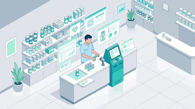 Isometric pharmacy interior with pharmacist and digital health interface for medical retail and healthcare technology concept