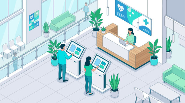 Isometric hospital reception interior with patients using self-service kiosks and receptionist at desk in modern medical clinic environment for digital healthcare presentation and web design