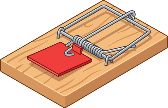 Isometric wooden mousetrap with a red trigger plate isolated on black background as a vector illustration