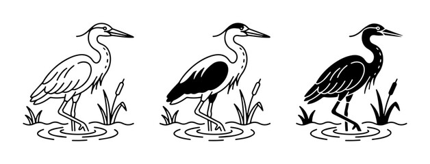 Fototapeta premium Heron Icon Set, Bird Silhouette Collection, Wildlife Graphics, Nature Elements, Simple Line Art, Black and White Icons