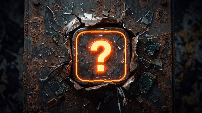 Glowing orange question mark symbol inside a cracked technological device with rusty metal, broken glass, and electronic circuit board components