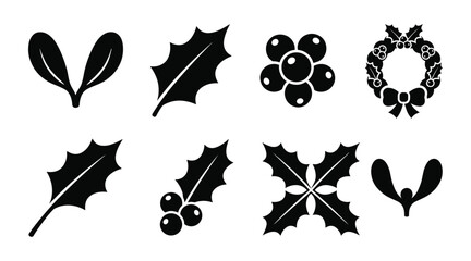 Decorative christmas holly leaf vector silhouettes set with berry clusters bow wreath and mistletoe sprigs © selena