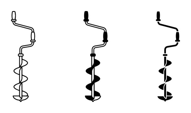 Ice Auger Icons, Hand Drill Tools, Spiral Bore Equipment, Winter Fishing Gear