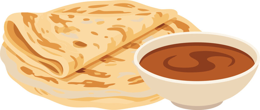 Delicious roti canai served with rich curry sauce, ideal for food menus, restaurant promotions, recipe cards, and culinary branding designs