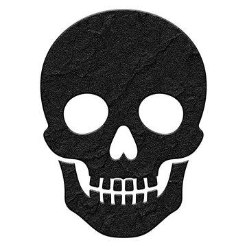 Black textured stone skull icon, isolated human cranium symbol on white background, gothic rock design element for Halloween and heavy metal branding